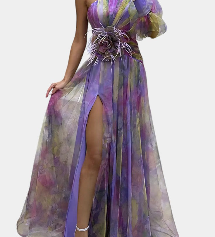 Теодора Асиметрична Макси Рокля с Едно Рамо и Артистичен Узор