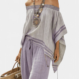 Бамбукова блузка с райета, с открити рамене и широки панталони за елегантен и свеж стил