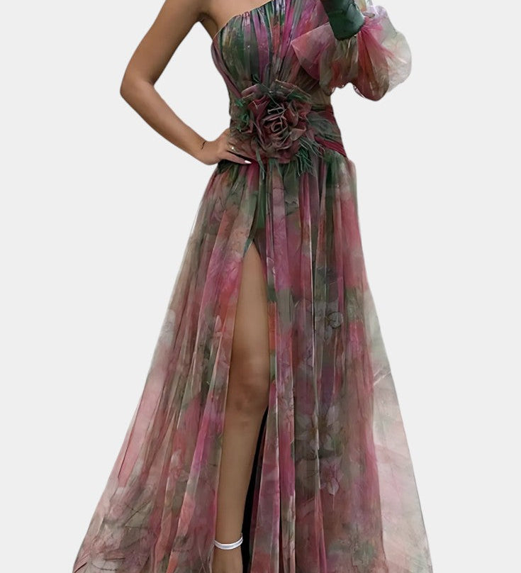 Теодора Асиметрична Макси Рокля с Едно Рамо и Артистичен Узор