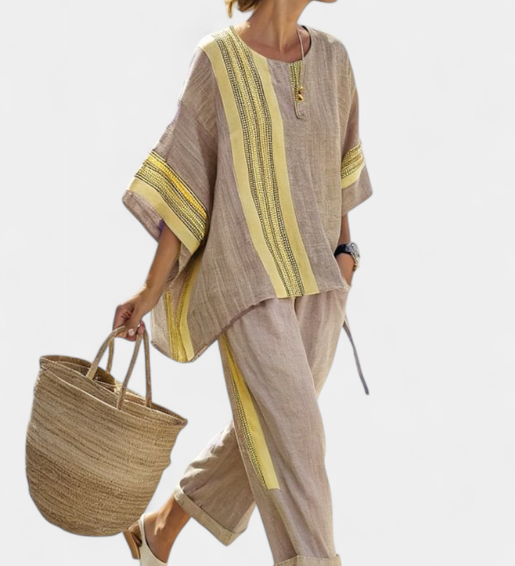 Комплект от ленен бамбук с очарователна лавандула и детайли в жълти ивици