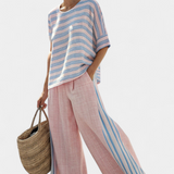 Комплект от ленен бамбук Дейзи Средиземноморски в нежно розов цвят с елегантни сини ивици