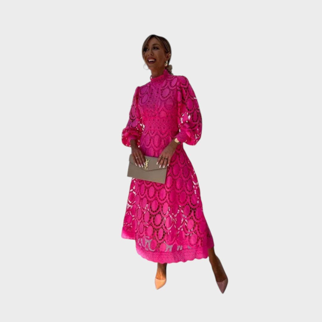 Даница - Чипкана рокля с обемни ръкави и висок яка