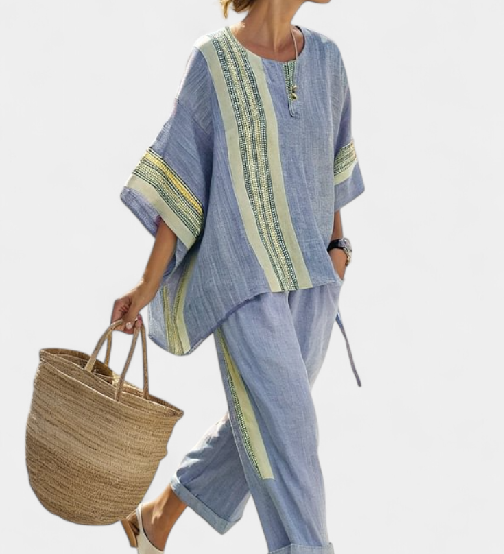 Комплект от ленен бамбук с очарователна лавандула и детайли в жълти ивици