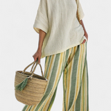 Комплект Дейзи от бамбуков лен Средиземно море с маслинени райета за освежаващ и елегантен стил