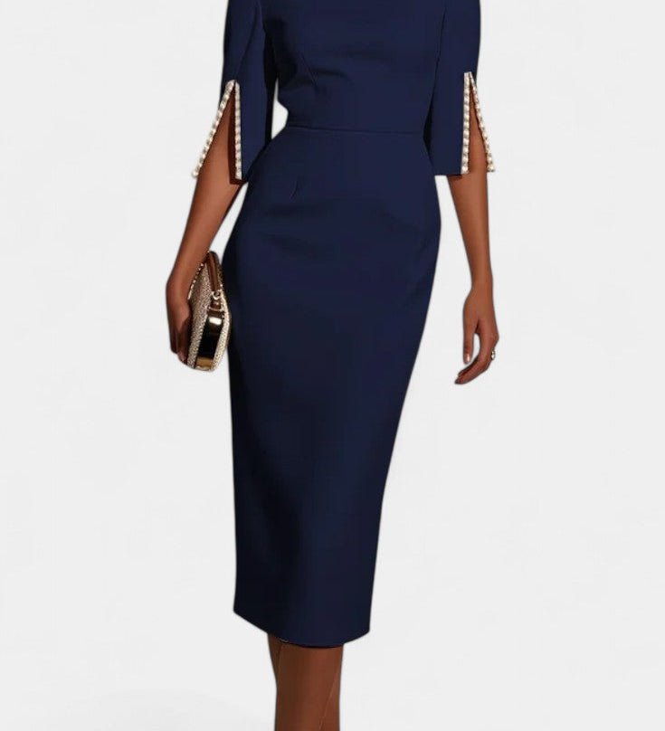 Весна Миди Рокля с Перлени Детайли и Кръгло Деколте