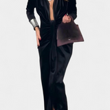 Вилма Дълга Рокля от Златен Бархет с V-Изрез