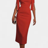 Весна Миди Рокля с Перлени Детайли и Кръгло Деколте