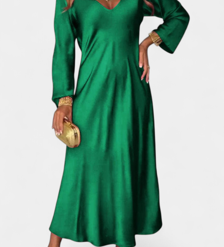 Мартинa Плавна Рокля с V Изрез и Дълги Ръкави