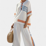 Комплект от етнически стил Daisy в бяло с детайли в синьо и оранжево – уникален и жив стил