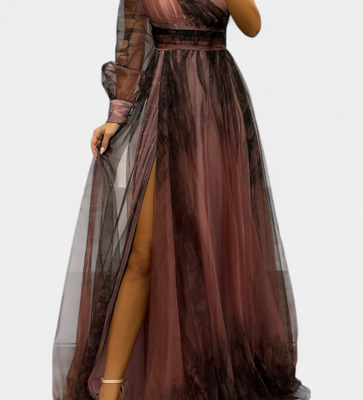 Наталия Макси Рокля от Шифон с Открито Рамо и Обемен Цвете