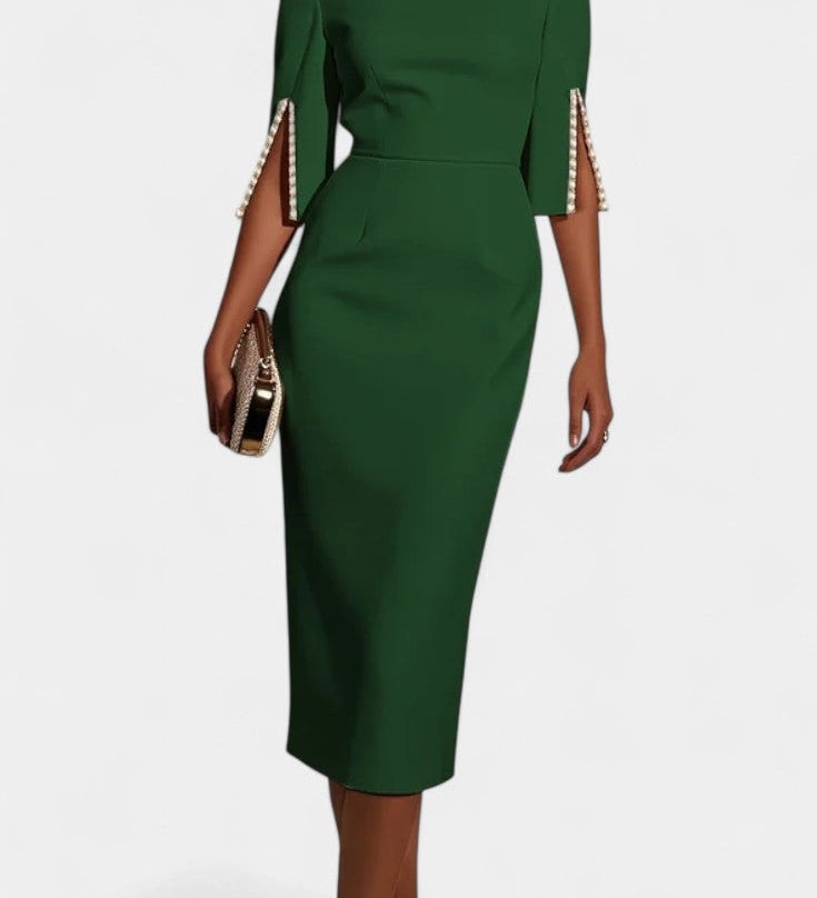 Весна Миди Рокля с Перлени Детайли и Кръгло Деколте