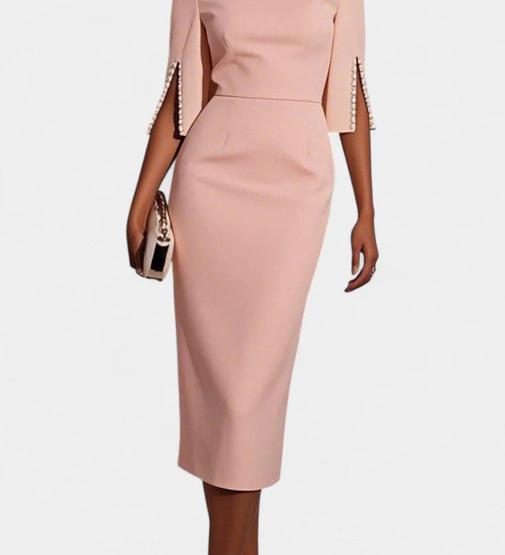 Весна Миди Рокля с Перлени Детайли и Кръгло Деколте