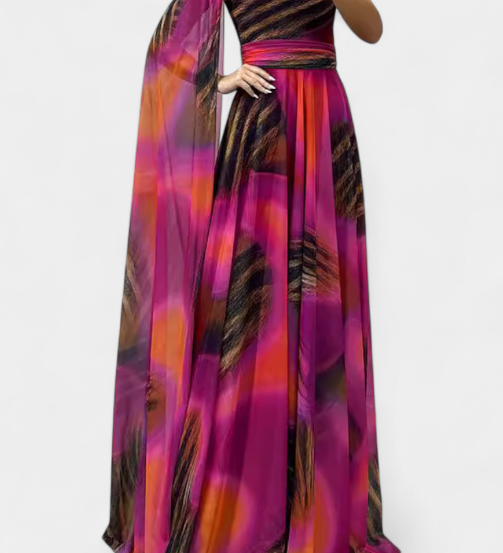 Дълга рокля Нивес с едно рамо и цветен детайл