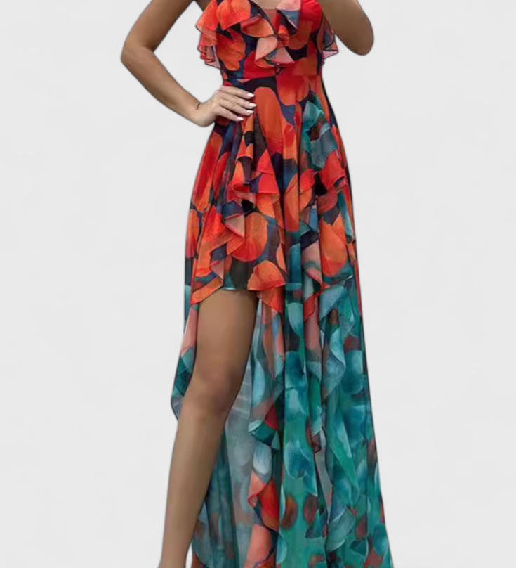 Зринка Макси Рокля без Ръкави с Волани и Градиентно Отворена